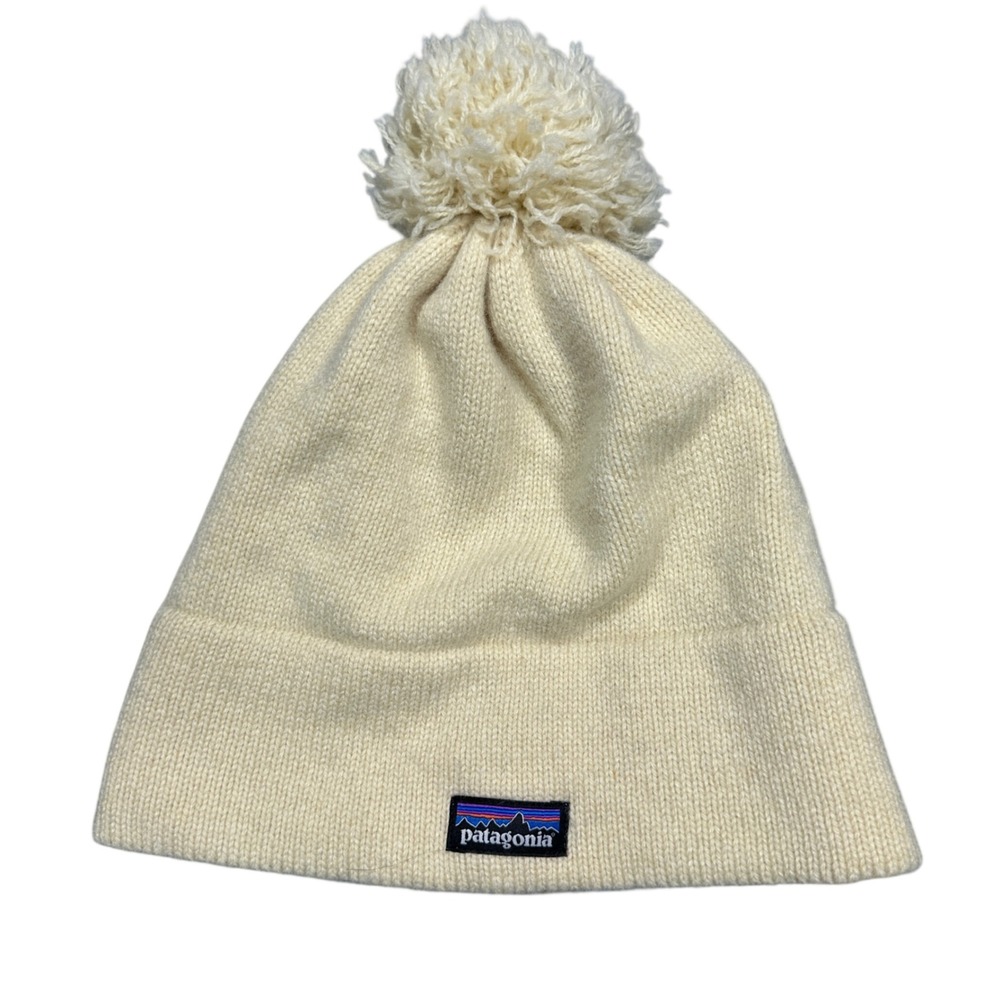 Patagonia Wool Blend Pom Beanie Hat Cream Off White Knit Logo Patch Mens OSFM